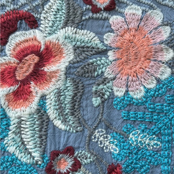 JOHNNY WAS Slate Blue FREYJA INTRICATELY EMBROIDERED FLORAL 3/4 SLEEVE BLOUSE - Picture 11 of 15